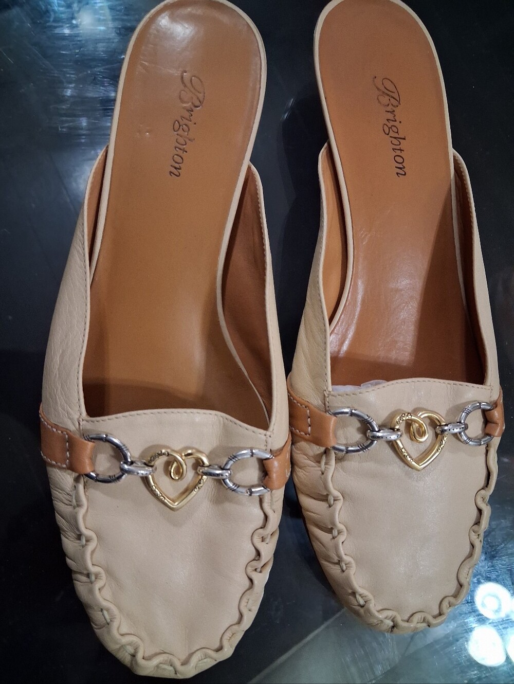 Brighton Cream Leather Heart-Chain Slip-On Mules